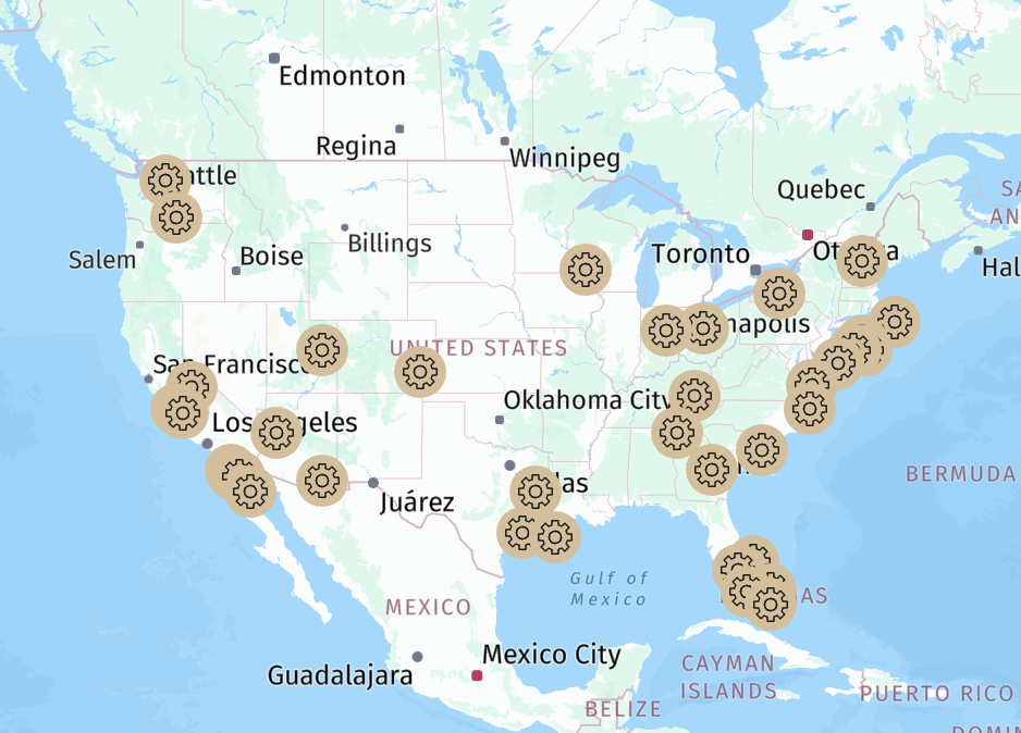 Map of Lucid service locations across the United States and Canada
