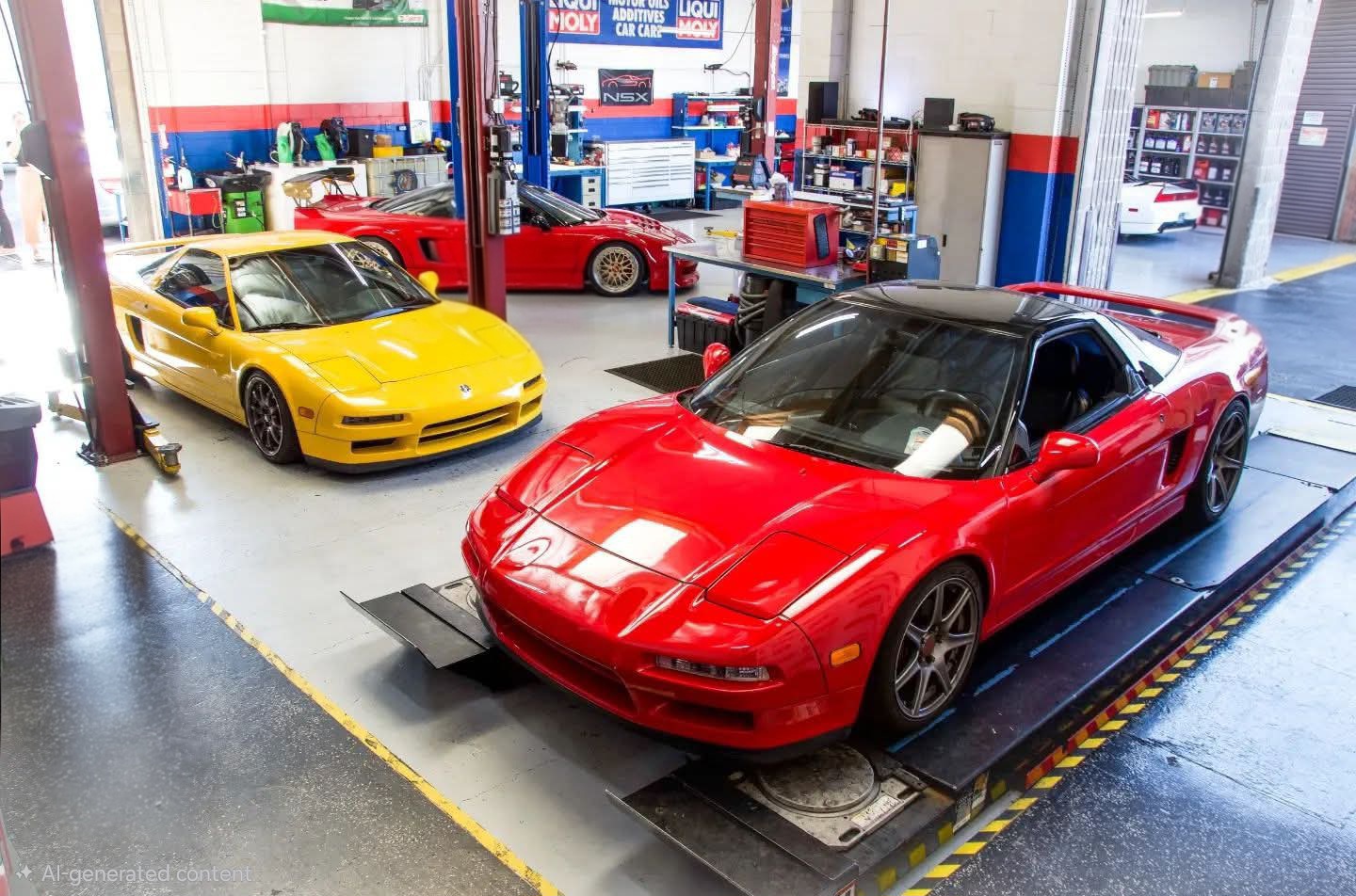 Red and yellow Acura NSX vehicles inside the San Carlos Auto Solutions shop