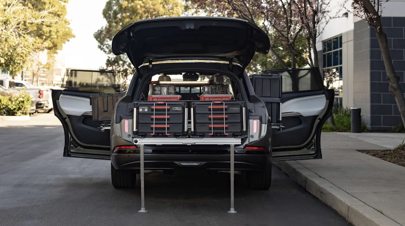 Lucid Gravity mobile service platform with deployed tooling at the rear cargo area